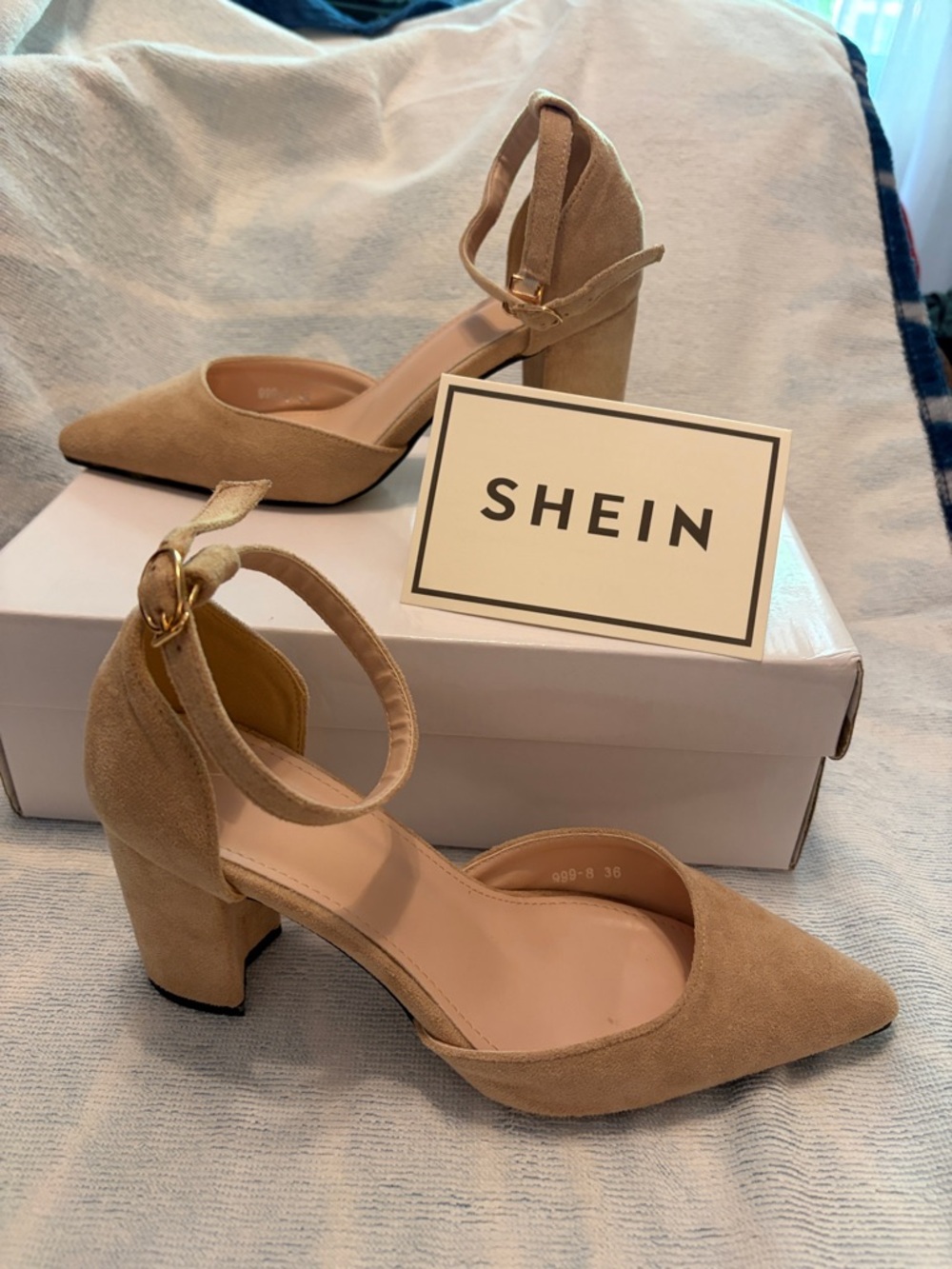 SHEIN Beige Suede Pointed Toe Block Heel Ankle Strap Pumps
